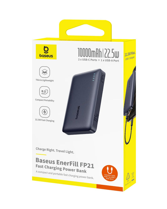 BASEUS Power Bank 10000 mAh 22.5W + кабел Type-C - Type-C, EnerFill FP21 Black - P1008210D123-00