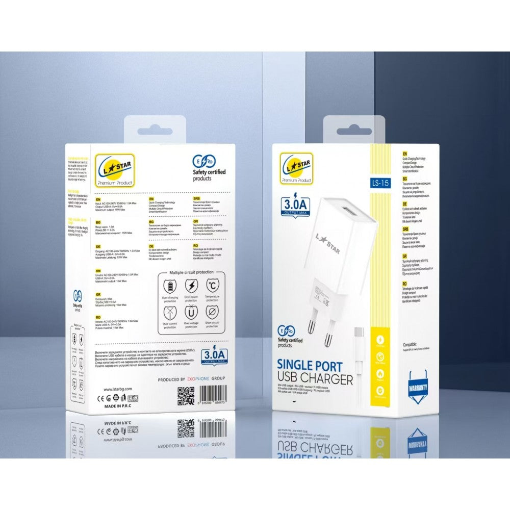 LSTAR LS-15 2в1 15W USB порт+кабел USB към Type-C