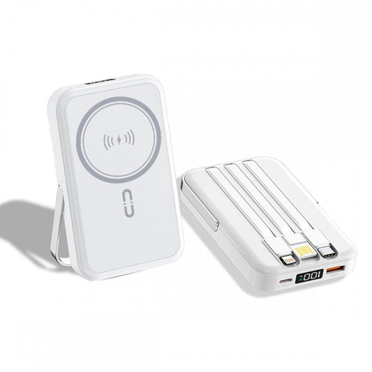 NJ25 PD 20W Magsafe с LED индикатор БЯЛ 2 кабела USB-C и Lightning 10,000MAH Безжично Зареждане