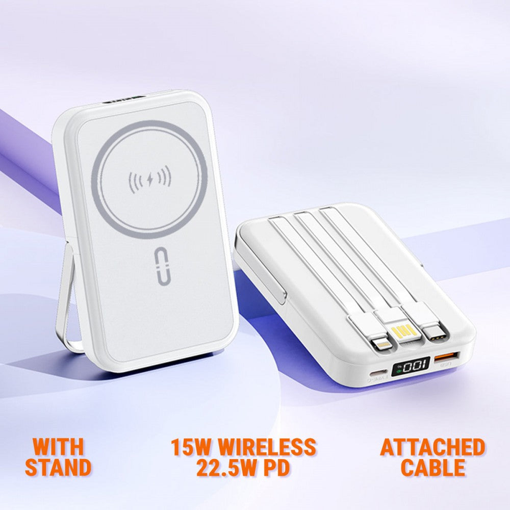 NJ25 PD 20W Magsafe с LED индикатор БЯЛ 2 кабела USB-C и Lightning 10,000MAH Безжично Зареждане