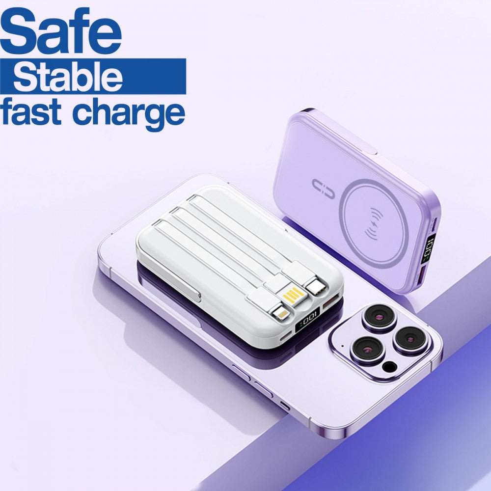 NJ25 PD 20W Magsafe с LED индикатор БЯЛ 2 кабела USB-C и Lightning 10,000MAH Безжично Зареждане