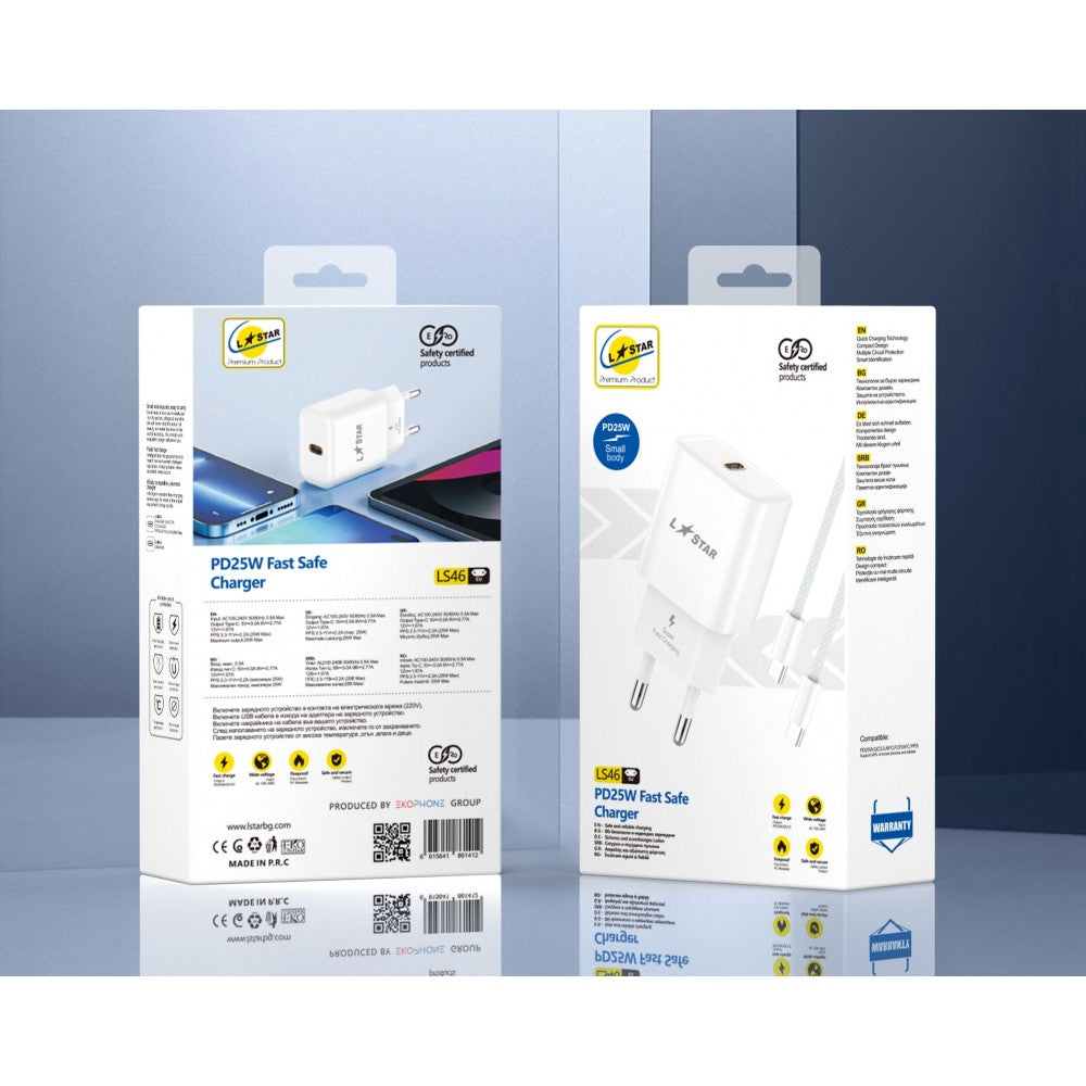 L✮STAR 25W 2в1 LS46 изх.USB-C PD Fast с кабел USB-C към Lightning