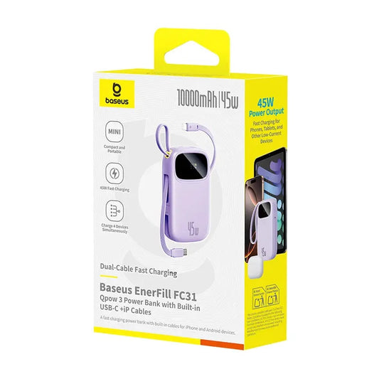 BASEUS Power Bank 10000 mAh, 45W + вградени кабели C + L, EnerFill FC31 Qpow 3 /бял/ - E0028C01