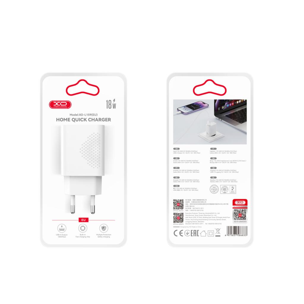 XO 220V 18W, USB-A + кабел USB-A - Micro, L159 /бял/