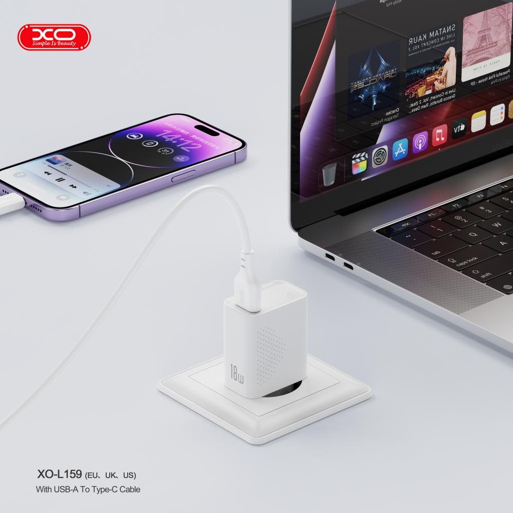 XO 220V 18W, USB-A + кабел USB-A - Micro, L159 /бял/