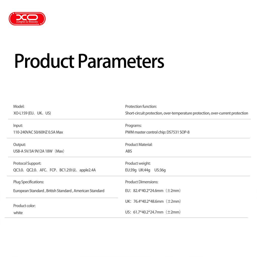XO 220V 18W, USB-A + кабел USB-A - Micro, L159 /бял/
